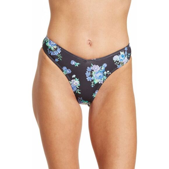 WeWoreWhat Womens Bikini Bottom L V Shaped Black Floral Ruffle Accent Cheeky - Picture 1 of 4